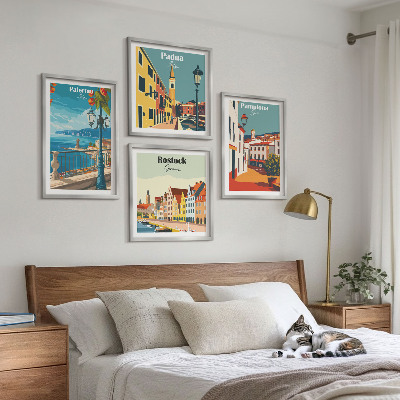Ensemble de 4 tableaux Illustrations rétro de villes