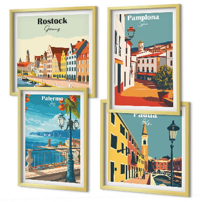 Ensemble de 4 tableaux Illustrations rétro de villes