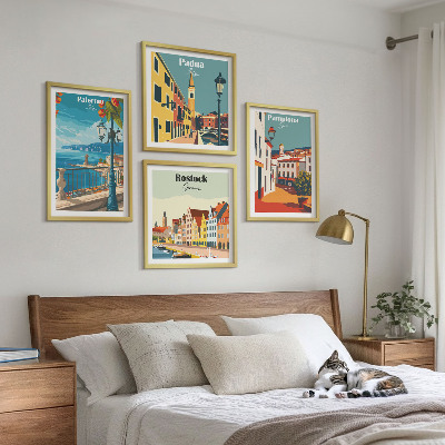 Ensemble de 4 tableaux Illustrations rétro de villes