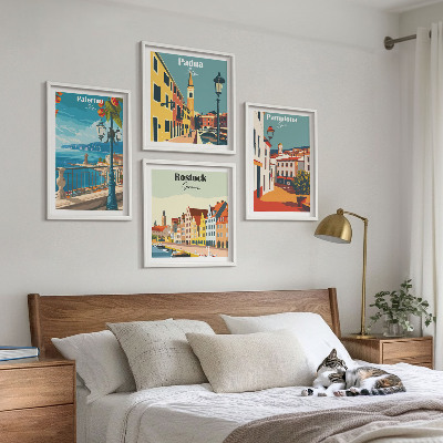 Ensemble de 4 tableaux Illustrations rétro de villes