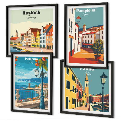Ensemble de 4 tableaux Illustrations rétro de villes