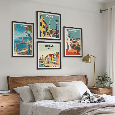 Ensemble de 4 tableaux Illustrations rétro de villes