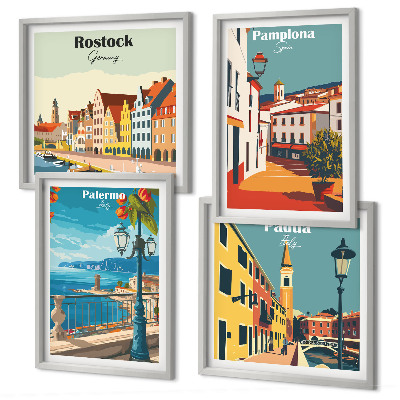 Ensemble de 4 tableaux Illustrations rétro de villes