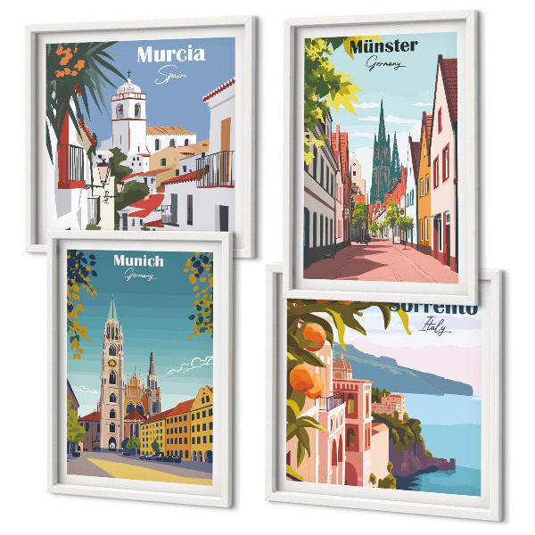 Mur de tableaux Villes européennes illustrées en couleur
