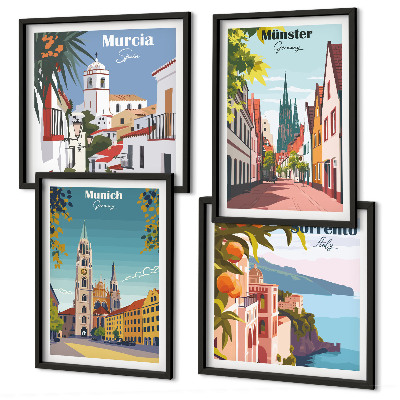 Mur de tableaux Villes européennes illustrées en couleur