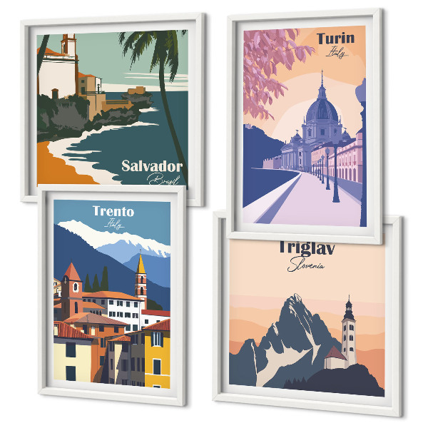 Ensemble de 4 tableaux Illustrations d'architecture rétro de montagnes