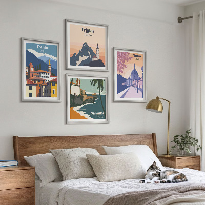 Ensemble de 4 tableaux Illustrations d'architecture rétro de montagnes