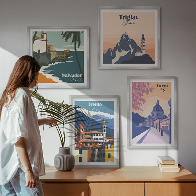 Ensemble de 4 tableaux Illustrations d'architecture rétro de montagnes