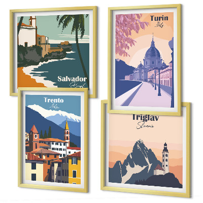 Ensemble de 4 tableaux Illustrations d'architecture rétro de montagnes