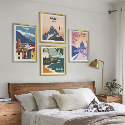 Ensemble de 4 tableaux Illustrations d'architecture rétro de montagnes
