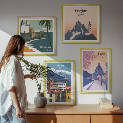 Ensemble de 4 tableaux Illustrations d'architecture rétro de montagnes