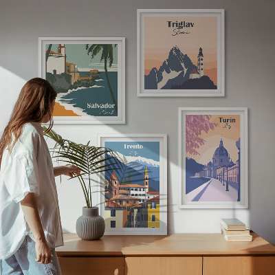 Ensemble de 4 tableaux Illustrations d'architecture rétro de montagnes