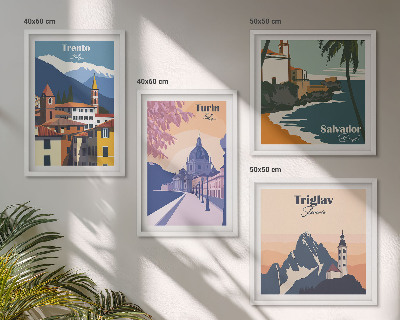 Ensemble de 4 tableaux Illustrations d'architecture rétro de montagnes