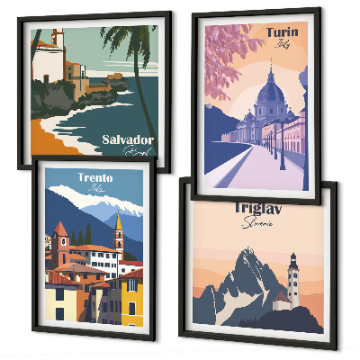 Ensemble de 4 tableaux Illustrations d'architecture rétro de montagnes
