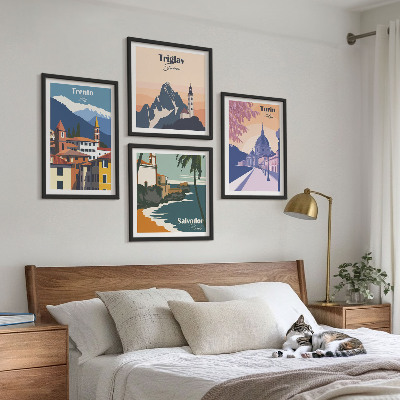 Ensemble de 4 tableaux Illustrations d'architecture rétro de montagnes