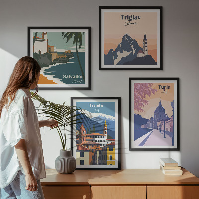 Ensemble de 4 tableaux Illustrations d'architecture rétro de montagnes