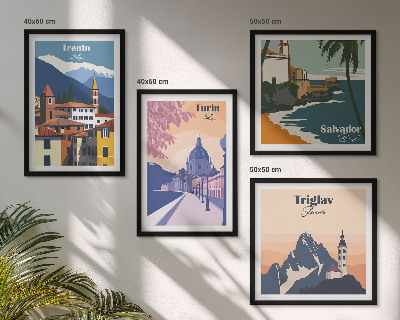 Ensemble de 4 tableaux Illustrations d'architecture rétro de montagnes