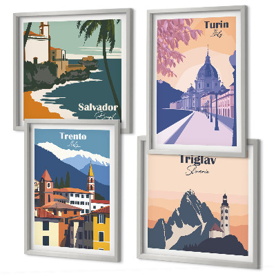Ensemble de 4 tableaux Illustrations d'architecture rétro de montagnes
