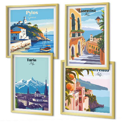 Mur de tableaux Illustrations colorées de villes rétro