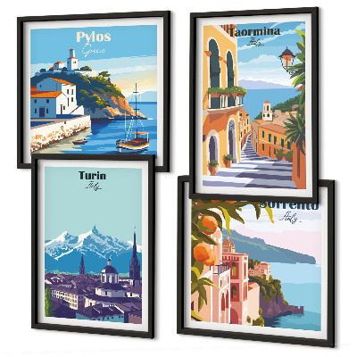 Mur de tableaux Illustrations colorées de villes rétro