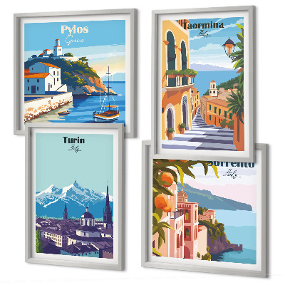 Mur de tableaux Illustrations colorées de villes rétro