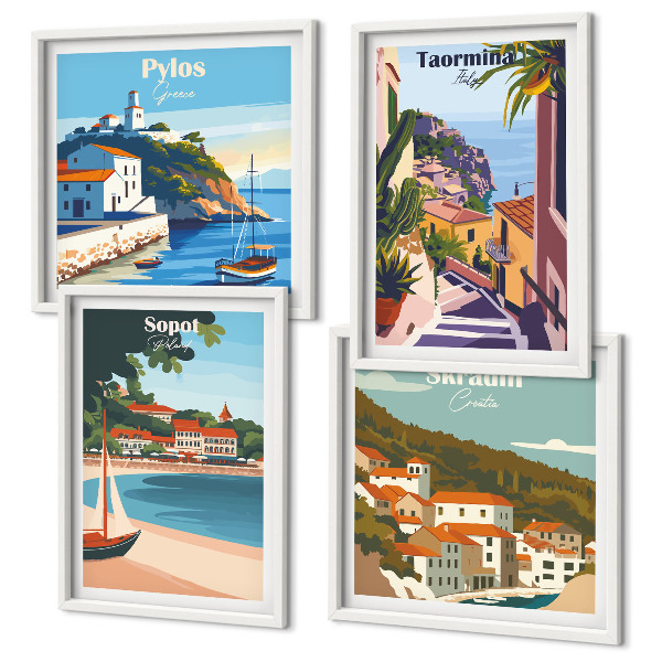 Ensemble de 4 tableaux Illustrations de villes balnéaires