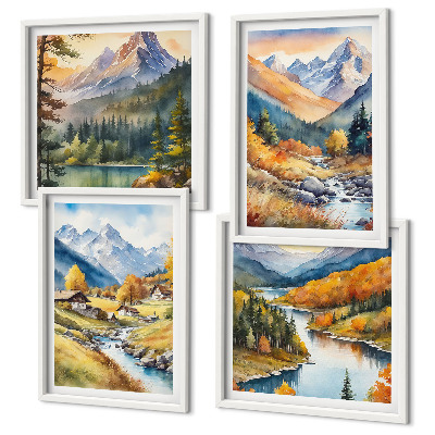 Ensemble de 4 tableaux Paysage de montagne, rivière, chalets