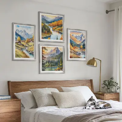Ensemble de 4 tableaux représentant un paysage de montagne avec rivière et chalets