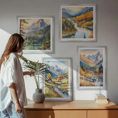 Ensemble de 4 tableaux représentant un paysage de montagne avec rivière et chalets