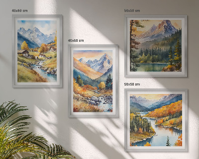 Ensemble de 4 tableaux Paysage de montagne, rivière, chalets