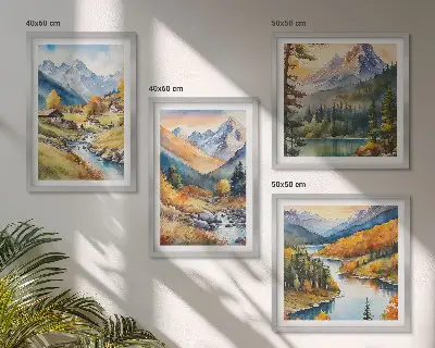 Ensemble de 4 tableaux représentant un paysage de montagne avec rivière et chalets