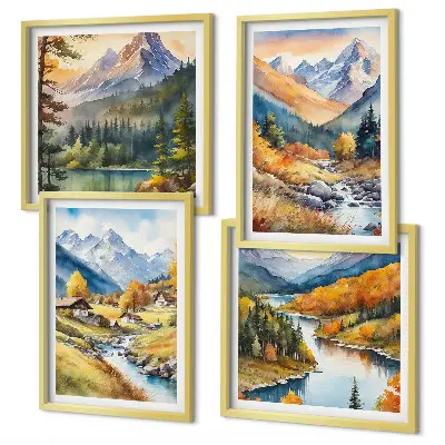 Ensemble de 4 tableaux représentant un paysage de montagne avec rivière et chalets