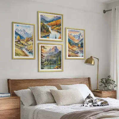 Ensemble de 4 tableaux représentant un paysage de montagne avec rivière et chalets