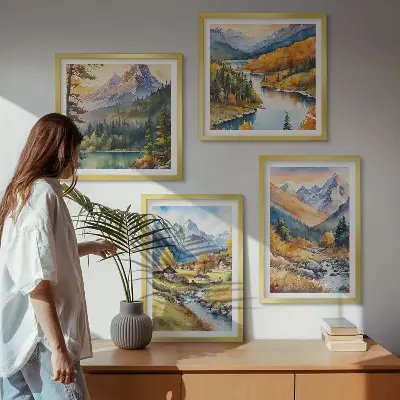 Ensemble de 4 tableaux représentant un paysage de montagne avec rivière et chalets