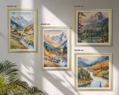 Ensemble de 4 tableaux représentant un paysage de montagne avec rivière et chalets