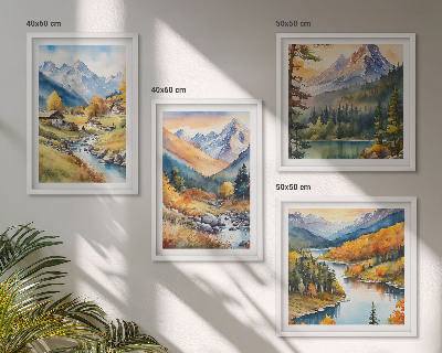 Ensemble de 4 tableaux Paysage de montagne, rivière, chalets