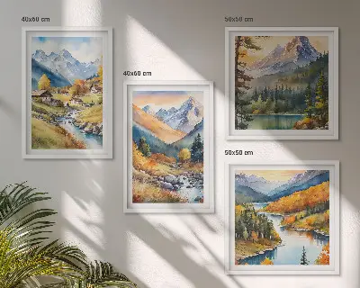 Ensemble de 4 tableaux représentant un paysage de montagne avec rivière et chalets
