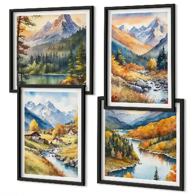Ensemble de 4 tableaux représentant un paysage de montagne avec rivière et chalets