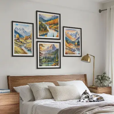 Ensemble de 4 tableaux représentant un paysage de montagne avec rivière et chalets
