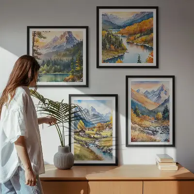 Ensemble de 4 tableaux représentant un paysage de montagne avec rivière et chalets