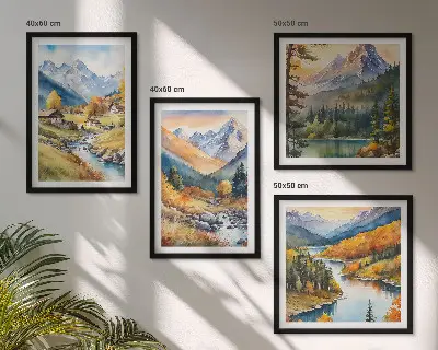 Ensemble de 4 tableaux représentant un paysage de montagne avec rivière et chalets