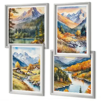 Ensemble de 4 tableaux représentant un paysage de montagne avec rivière et chalets