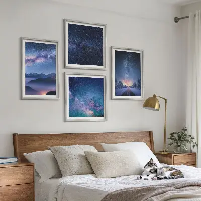 Tableau polyptyque 4 pièces ciel nocturne sur les montagnes en hiver