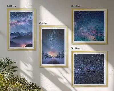 Tableau polyptyque 4 pièces ciel nocturne sur les montagnes en hiver
