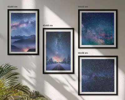 Tableau polyptyque 4 pièces ciel nocturne sur les montagnes en hiver