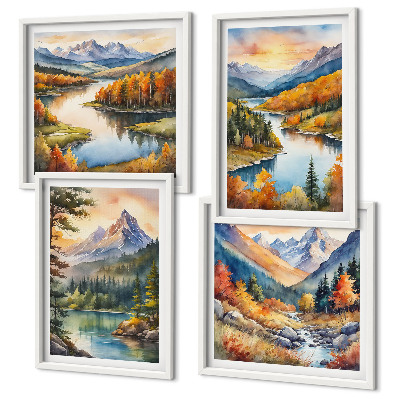 Ensemble de 4 tableaux Paysages de montagne avec une rivière