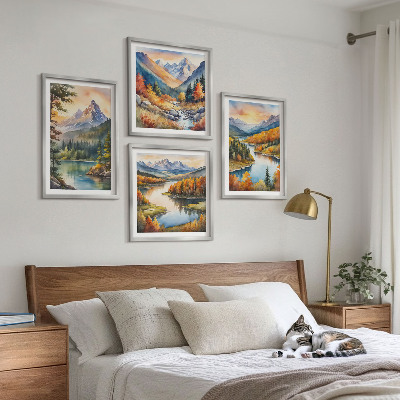 Ensemble de 4 tableaux Paysages de montagne avec une rivière