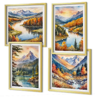 Ensemble de 4 tableaux Paysages de montagne avec une rivière