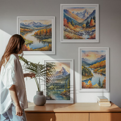 Ensemble de 4 tableaux Paysages de montagne avec une rivière
