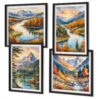 Ensemble de 4 tableaux Paysages de montagne avec une rivière